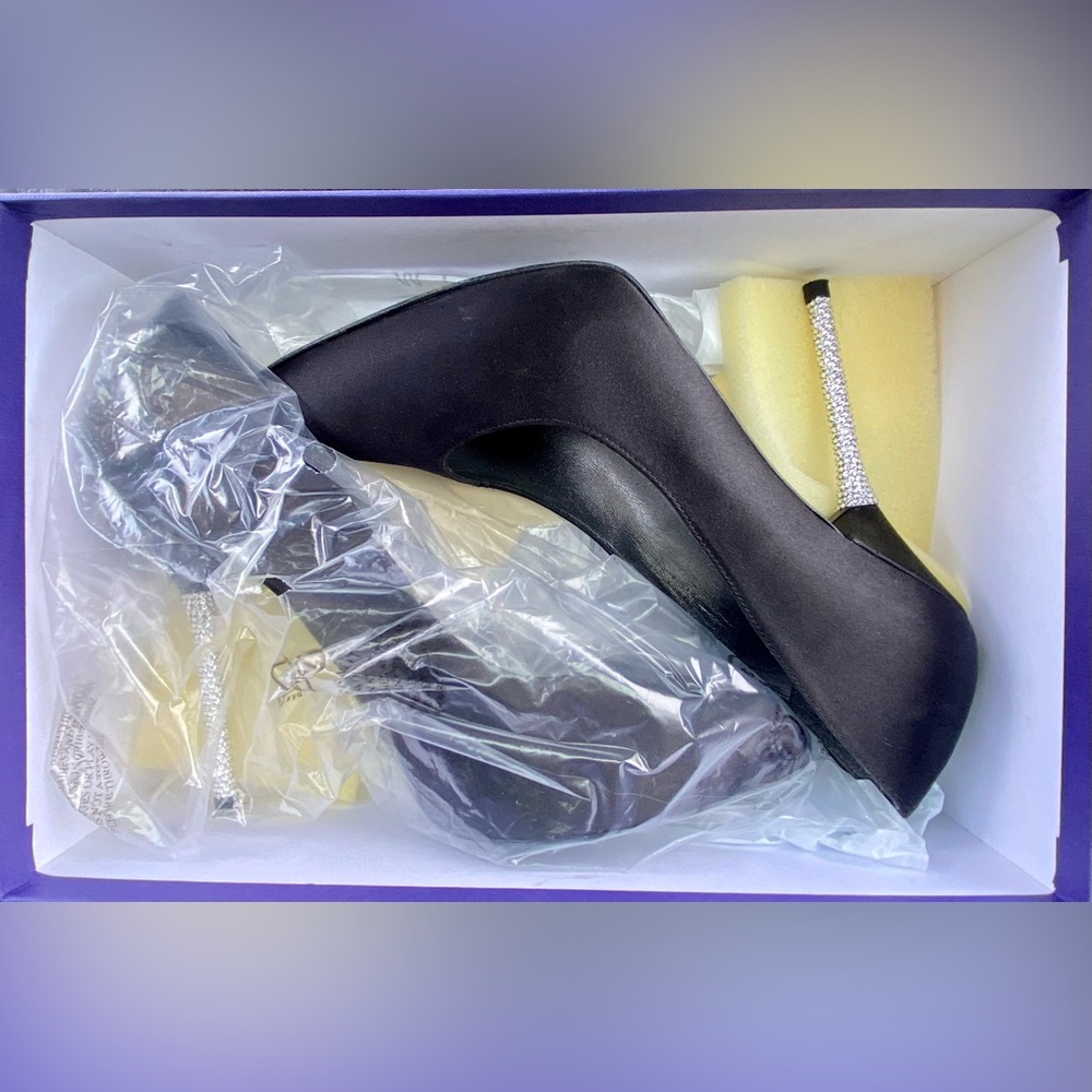 Stuart Weitzman Black Satin Pump with Swarovski Crystal heel